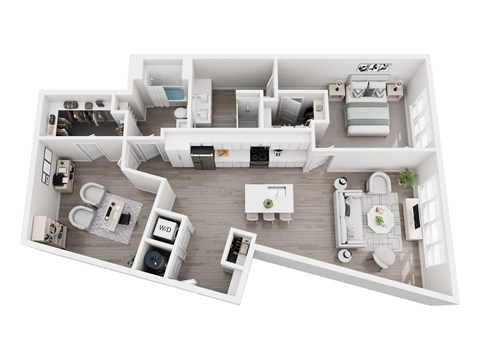 Floor plan layout of 1308 sf one-bedroom apartment with den space.